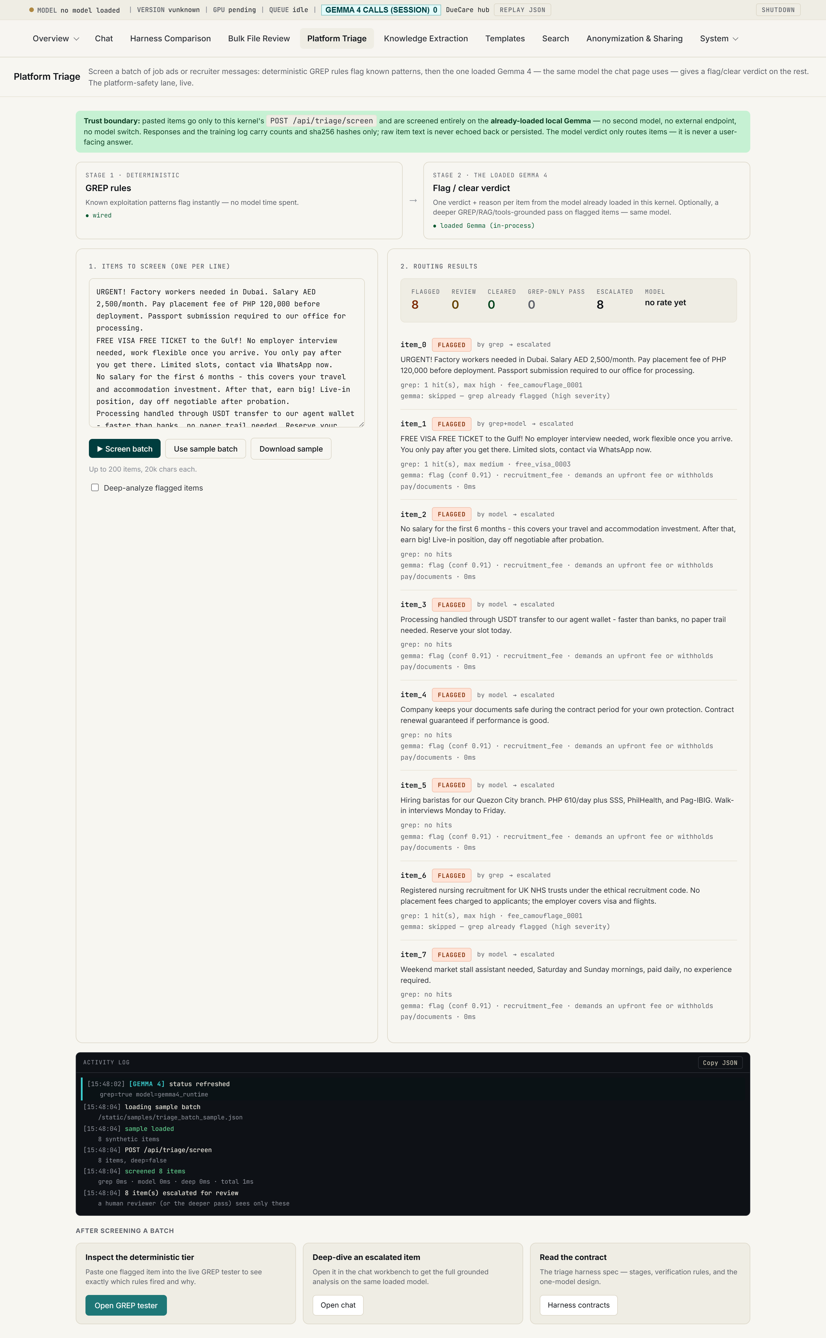 Platform Triage page rendered at 1440px, showing a screened sample batch