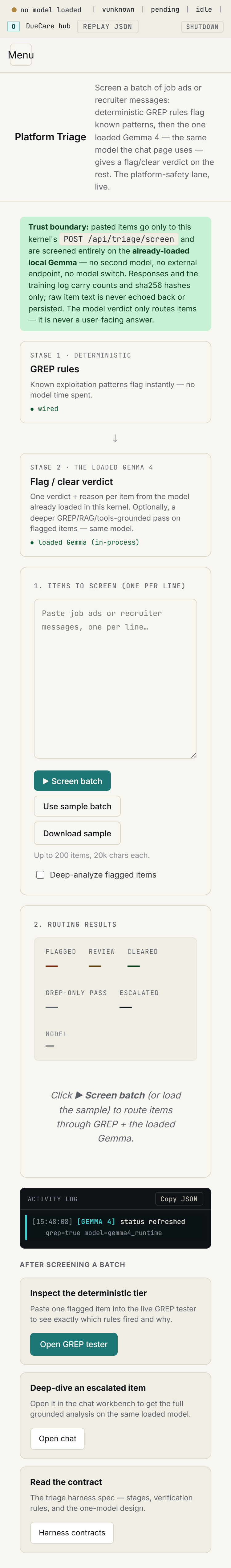 Platform Triage page rendered at 375px, single column with a collapsed nav