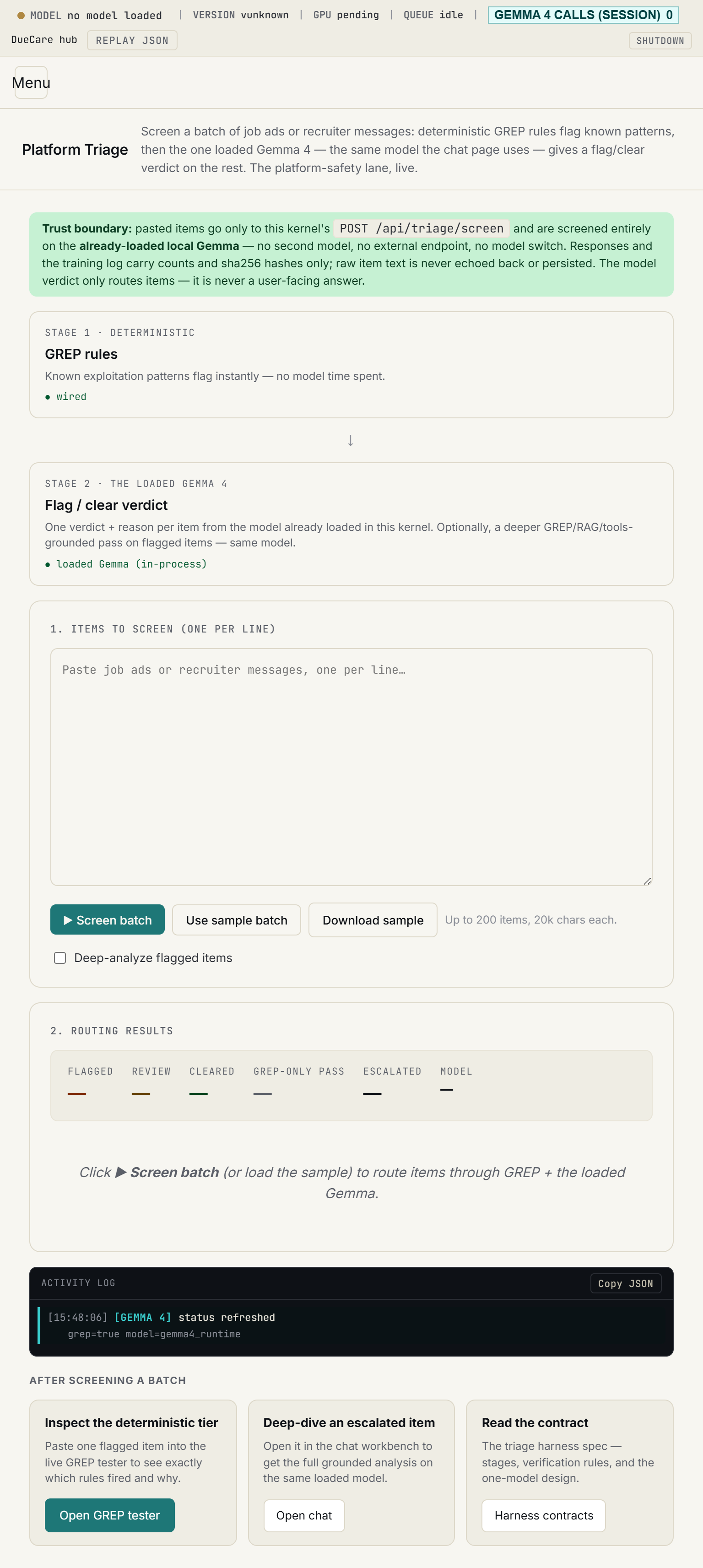 Platform Triage page rendered at 768px